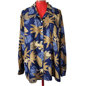 K.C. STUDIO Blue Brown Button Up Long Sleeve Blouse‎ Size 20W